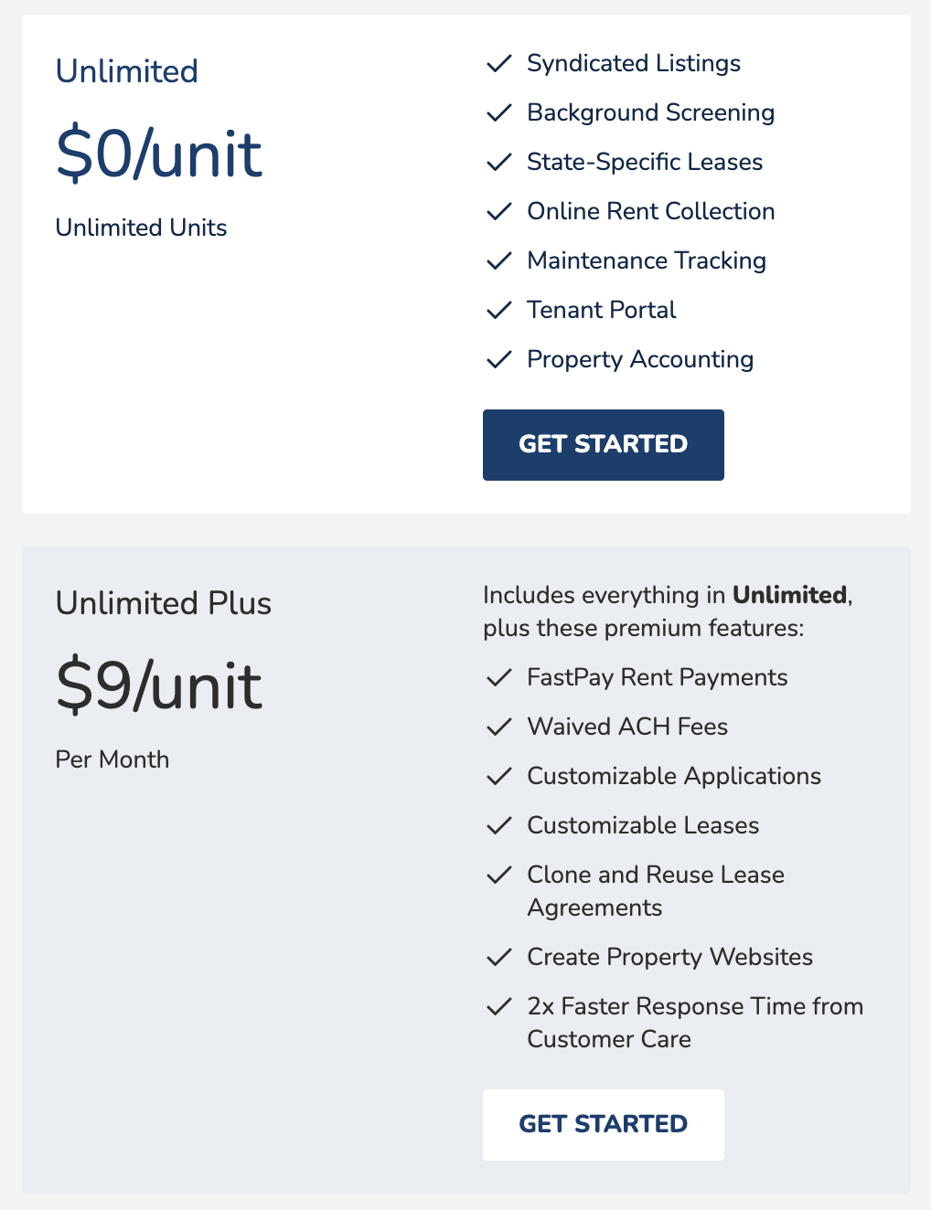 Avail subscription plans comparison for property management services. The "Unlimited" plan is $0/unit with features like syndicated listings and tenant portal. The "Unlimited Plus" plan is $9/unit/month, offering additional features like waived ACH fees and customizable leases.
